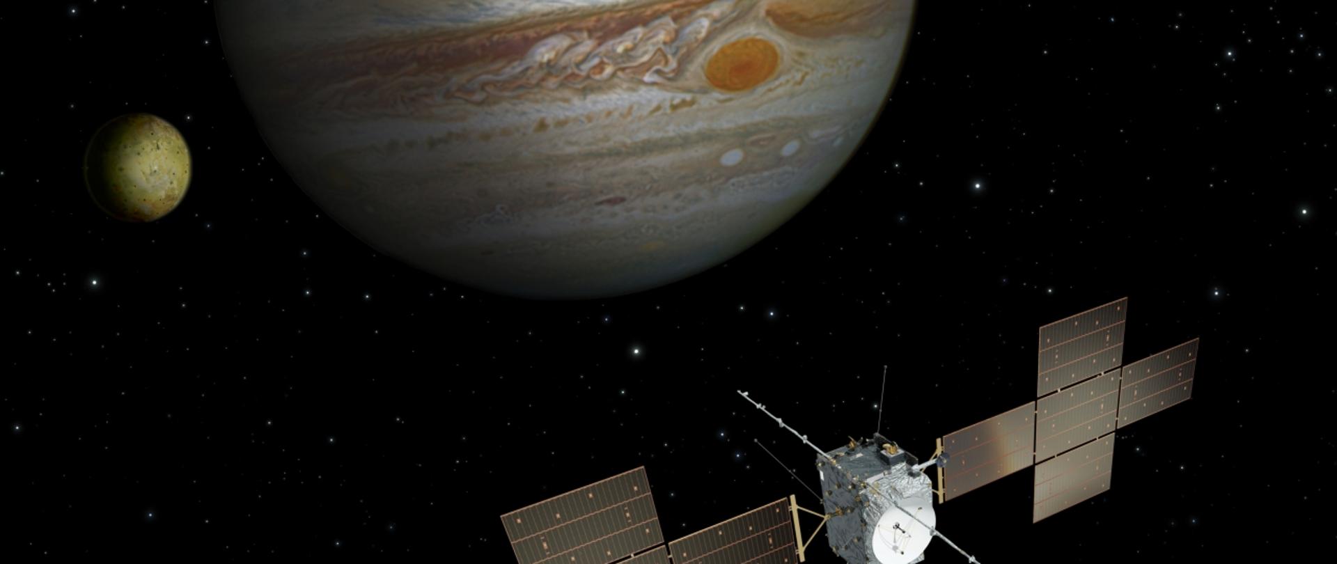Grafika przedstawiająca sondę kosmiczną zbliżającą się do Jowisza