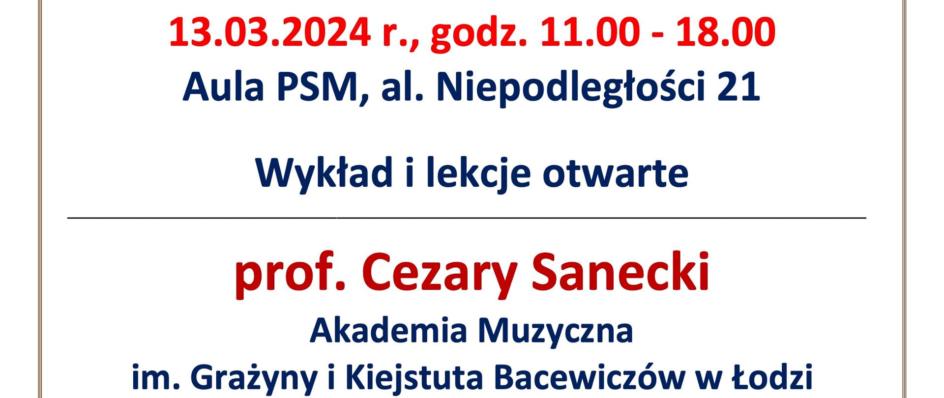 Grafika przedstawia afisz doskonalenia zawodowego - Warsztaty i lekcje otwarte dla nauczycieli sekcji pianistycznej. Prowadzenie prof. Cezary Sanecki