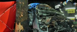 Tragiczne uderzenie w drzewo. Droga Płaczkowo-Bartoszewice. Samochód osobowy peugeot 206 "owinął się" wokół przydrożnego drzewa. Pojazd jest bardzo mocno zniszczony. Obok kilku strażaków. 