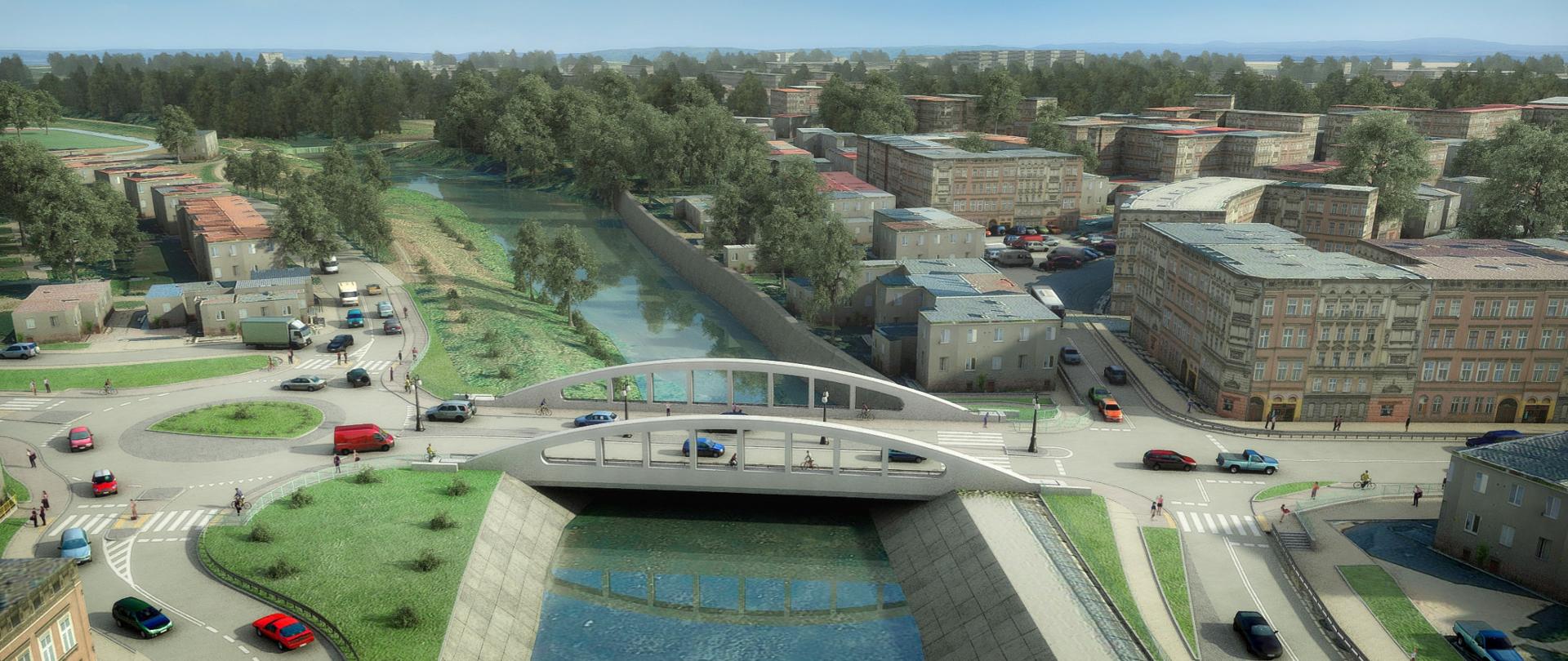 Wizualizacja nowego mostu w Głuchołazach w otoczeniu miejskich zabudowań