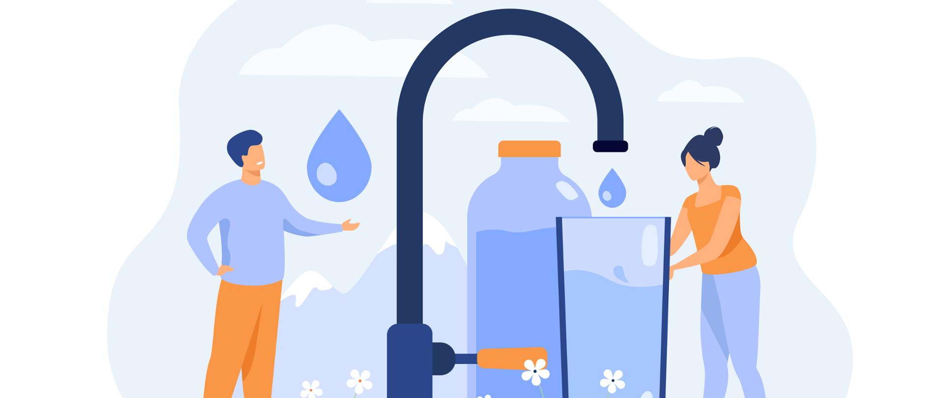 Pure fresh water concept. Tiny woman pouring clean water from faucet with mountain landscape in background. Vector illustration for natural drink, healthy environment concept