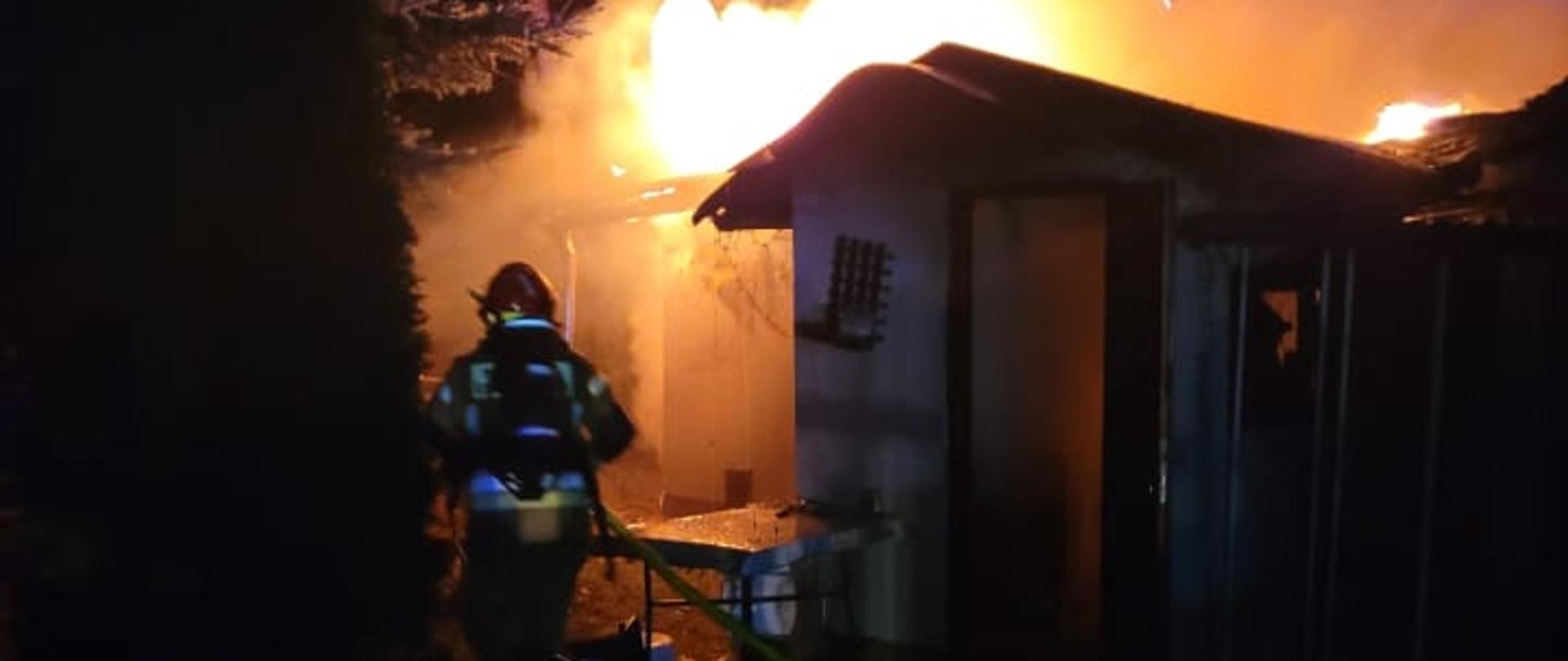 Strażak ubrany w pełen strój strażacki w kolorze piaskowym, czerwony hełm oraz na plecach ma aparat powietrzny, a w prawej dłoni trzyma żółty wąż strażacki. Zmierza w kierunku palącego się przed nim domku letniskowego.