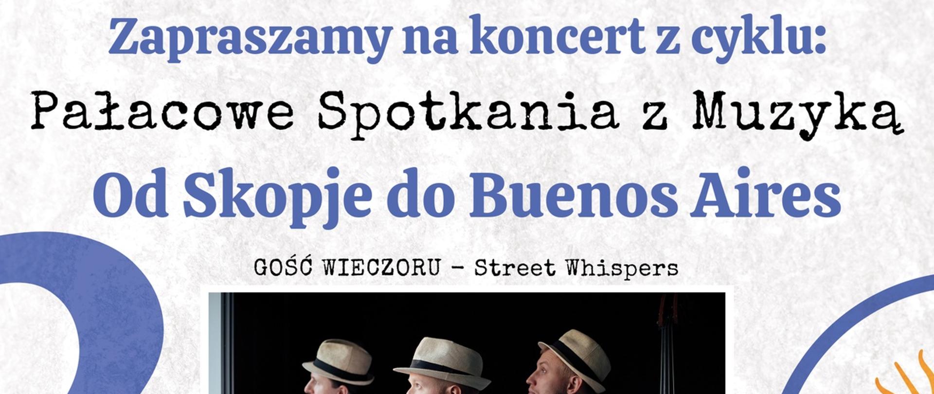 Plakat na białym tle napis na plakacie Zapraszamy na koncert z cyklu
Pałacowe Spotkania
Muzyką 8 grudnia 2023 - 18: 00
