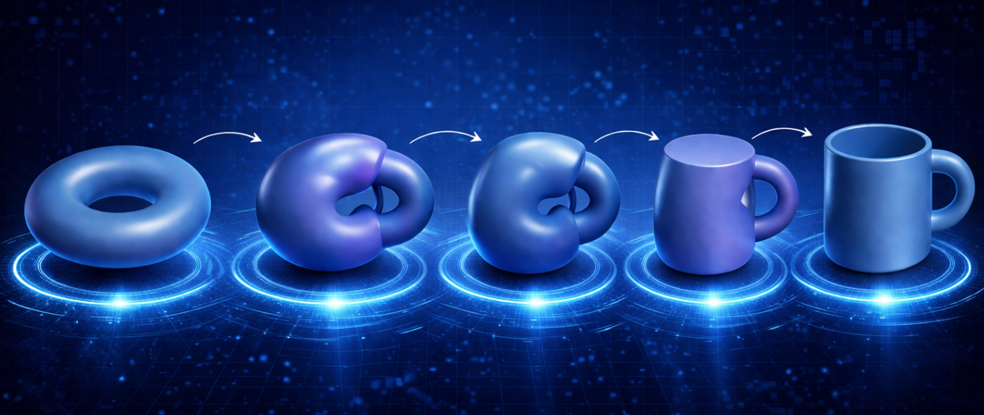 Grafika przedstawia etapy przekształcenia kształtu od torusa (obwarzanka) do kubka z uchem. Obiekty w kolorze niebieskim ustawione są na świecących, okrągłych platformach na ciemnym tle z siatką. Między kolejnymi formami widoczne są strzałki wskazujące kierunek zmiany.