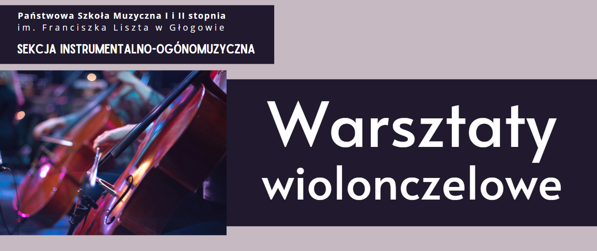 Tło jasnofioletowe. Napisy w kolorze białym, umieszczone na ciemnofioletowym tle. W lewym górnym rogu: "Państwowa Szkoła Muzyczna I i II stopnia im. Franciszka Liszta w Głogowie SEKCJA INSTRUMENTALNO-OGÓLNOMUZYCZNA", napis rozmieszczony w trzech rzędach. W prawej części, w dwóch rzędach: "Warsztaty wiolonczelowe". Z lewej strony zdjęcie dwóch osób grających na wiolonczelach, zbliżenie na instrument.