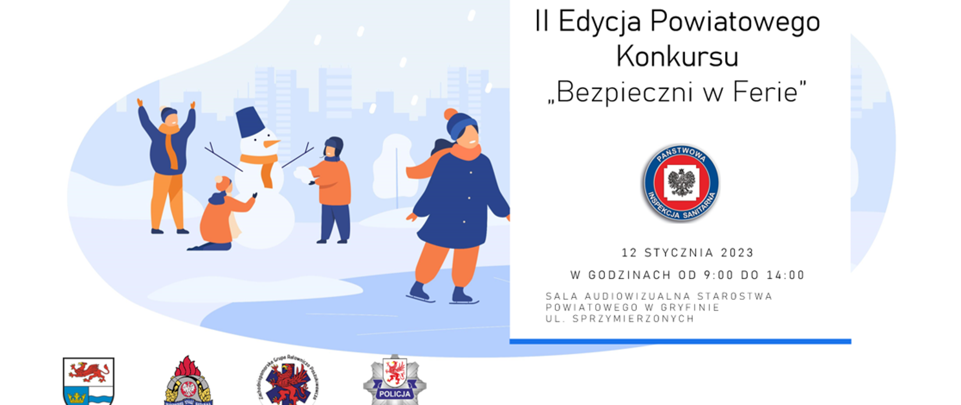 Grafika przedstawia zimowe lodowisko i bawiące się dzieci. Jeżdżą na łyżwach, lepią bałwana.