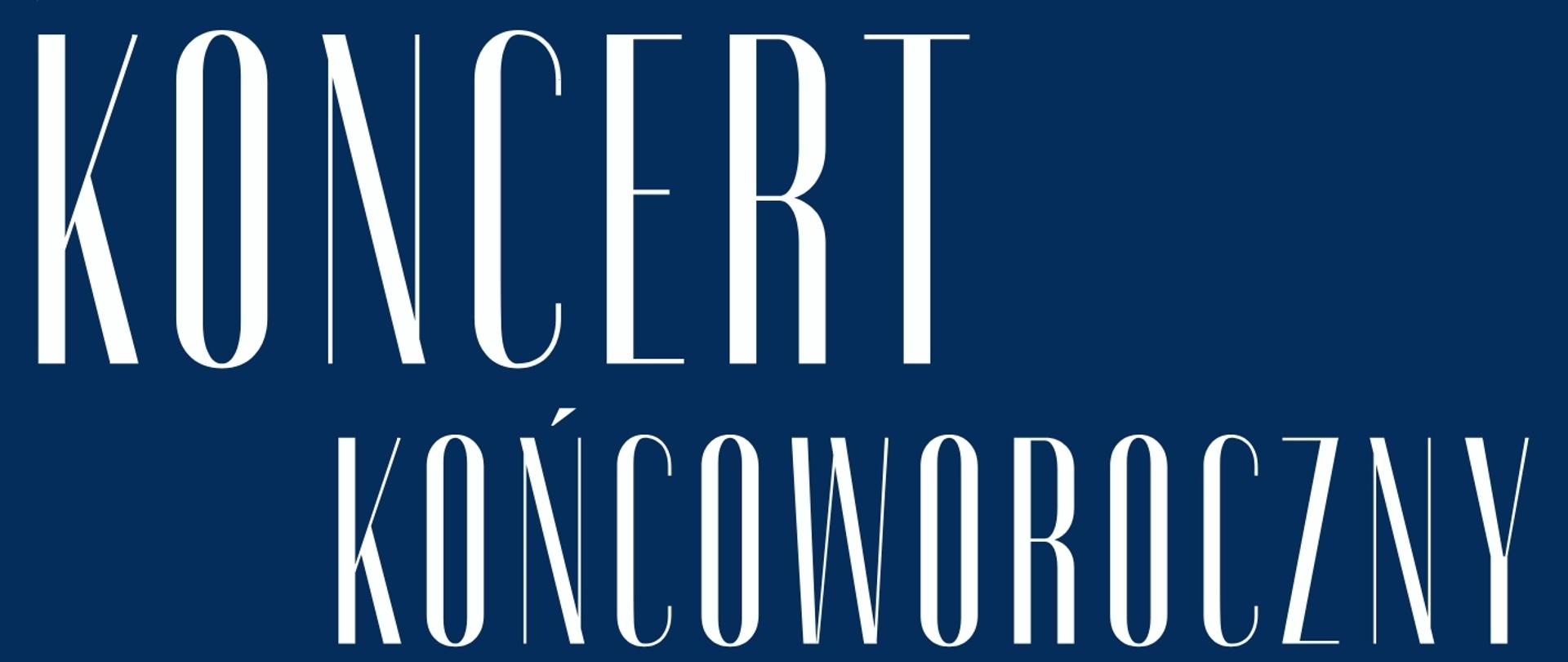 granatowy plakat zapowiadający Koncert końcoworoczny II stopnia. Zawiera dane koncertu oraz kolorowe nuty