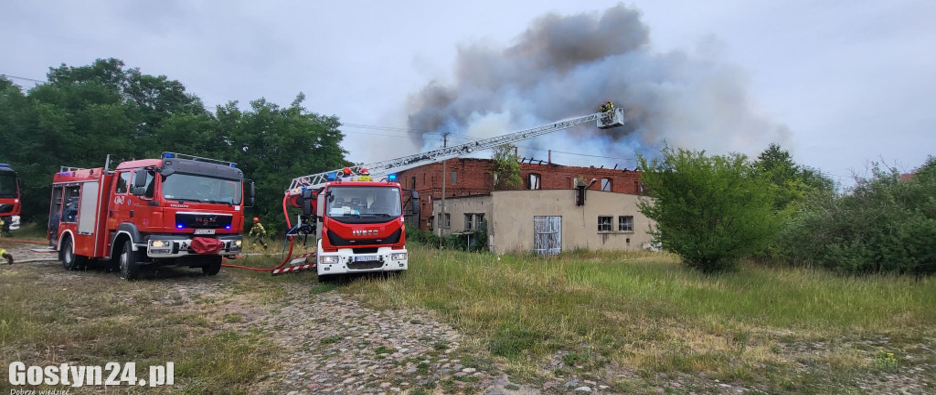 Zdjęcie przedstawia rozstawioną drabinę mechaniczną oraz zastęp gaśniczy. W tle widać duży dym.