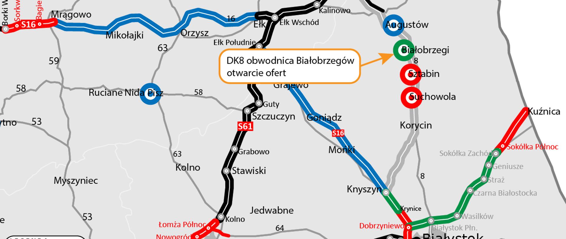 Mapka regionu północno - wschodniego Polski, z zaznaczonymi obwodnicami 