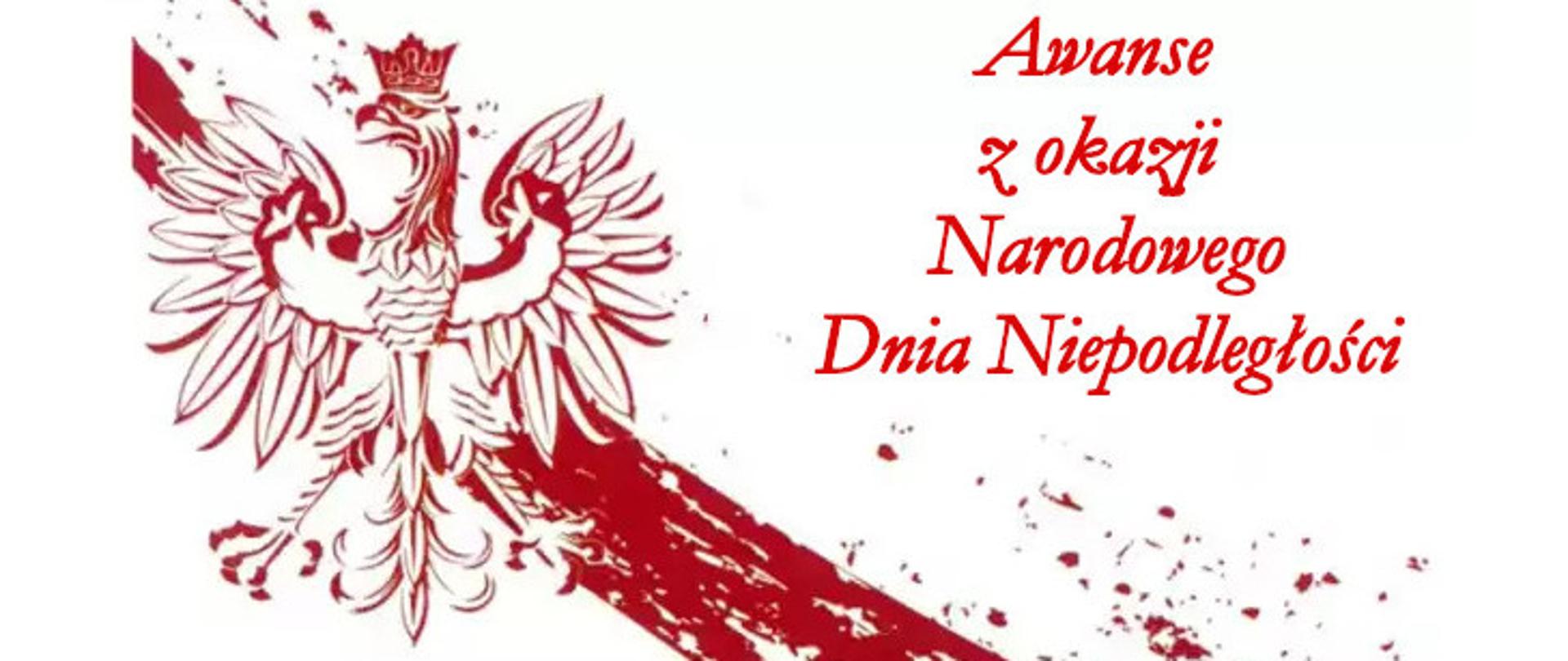biało czerwona wstęga na której znajduje się orzeł, obok napis Awanse z okazji Narodowego Dnia Niepodległości