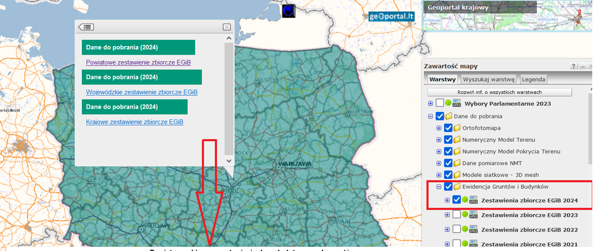 Ilustracja przedstawia zrzut ekranu ze strony www.geoportal.gov.pl z fragmentem powiatowego zestawienia danych dotyczących gruntów według stanu na 1 stycznia 2024 r.