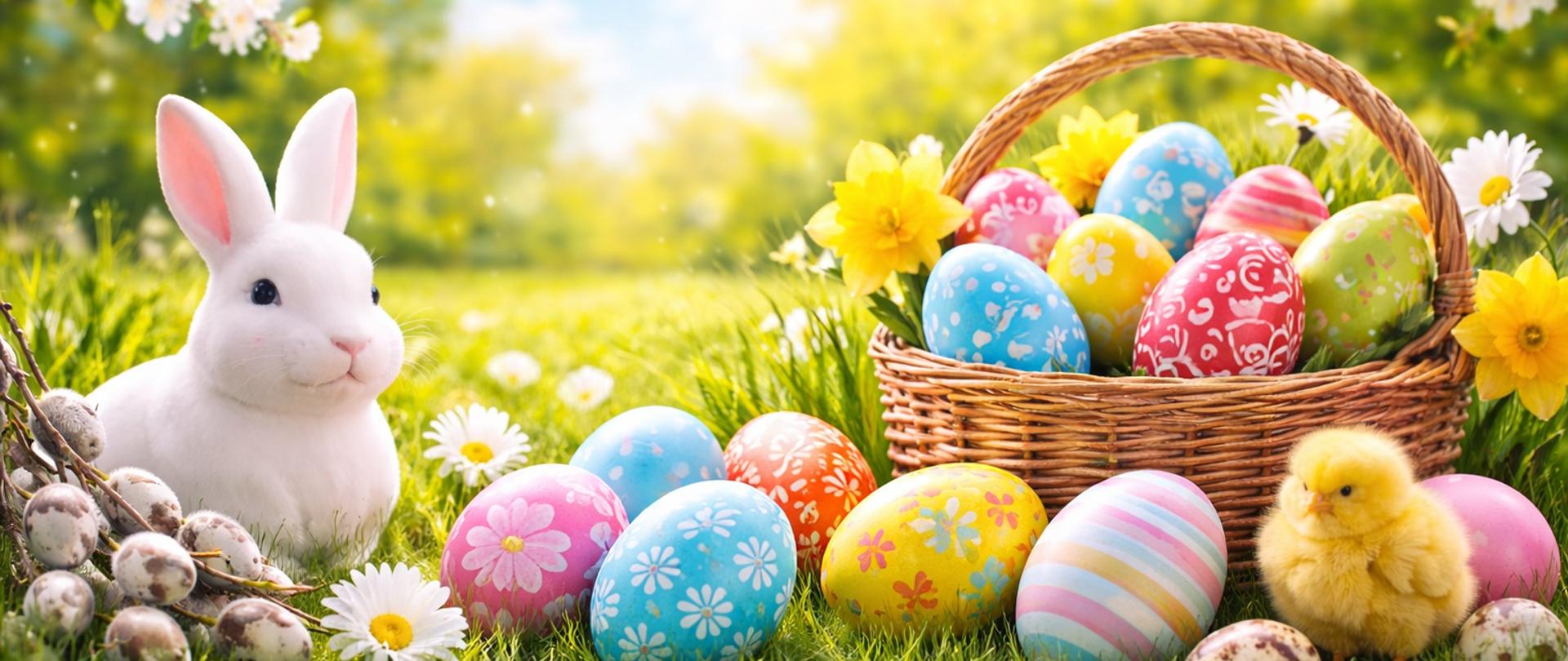 Zdjęcie przedstawiające koszyk z pisankami oraz królikiem