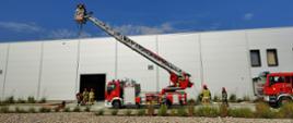 Słoneczny dzień. Strażacy w jasnych ubraniach stoją przed budynkiem i rozwijają produkcyjnym koło dwóch czerwonych samochodów