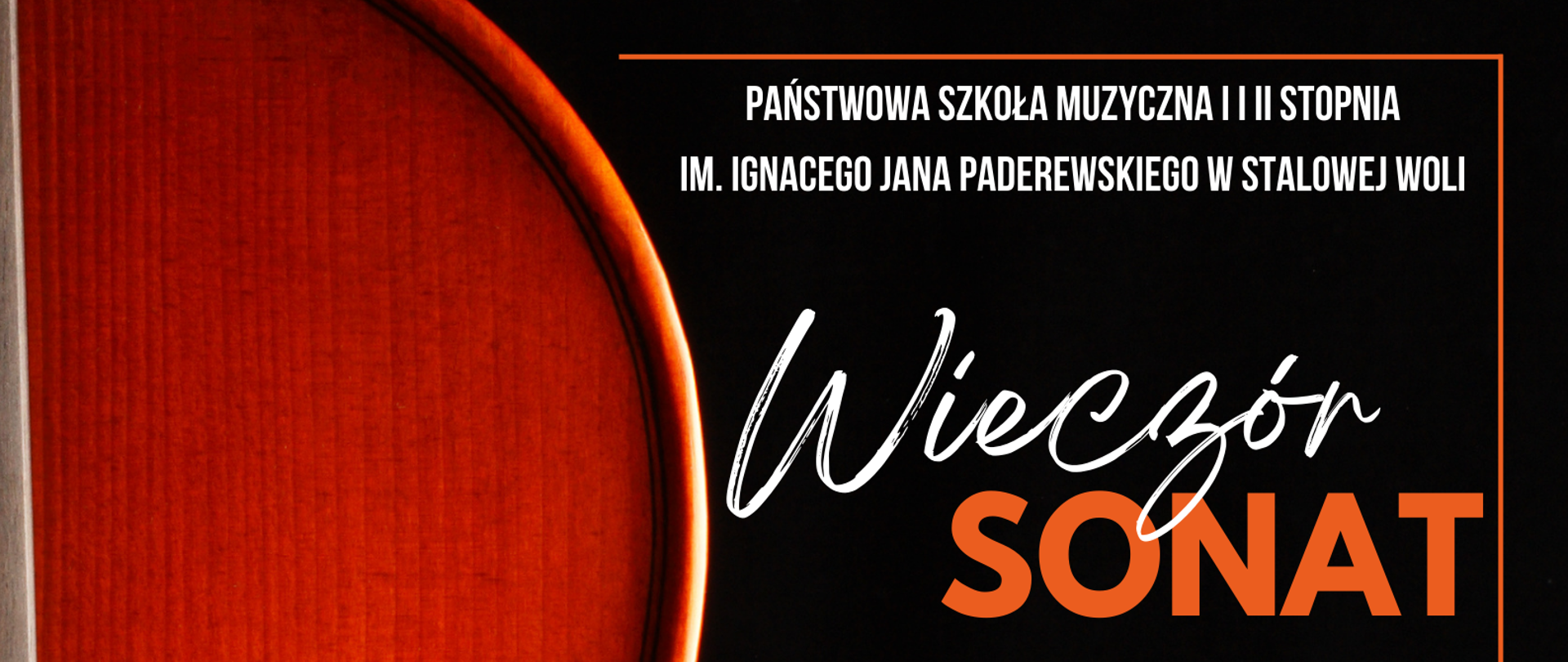 Na czarnym tle po lewej stronie widnieje połowa skrzypiec a po prawej stronie jest nazwa szkoły, tytuł koncertu, informacja o wykonawcy. Poniżej znajduje się data, godzina oraz sala. 