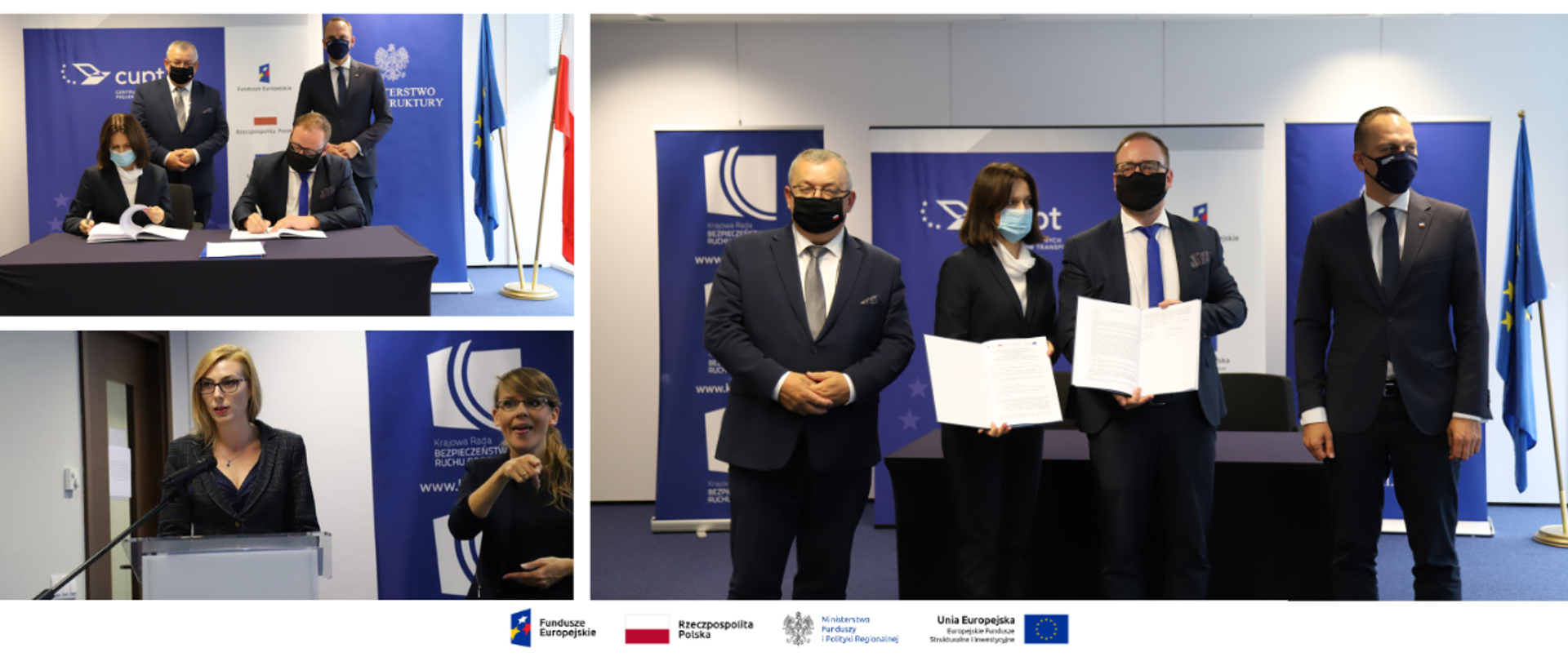 Kolaż zdjęć z podpisania umowy, na zdjęciach m.in. dyrektor Departamentu Programów Infrastrukturalnych Ministerstwa Funduszy i Polityki Regionalnej Katarzyna Zielińska i minister infrastruktury Andrzej Adamczyk i wiceminister infrastruktury Weber 