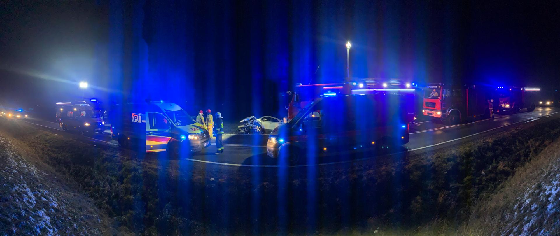 Widok z daleka na miejsce zdarzenia. Na pierwszym planie 23 karetki pogotowia. W tle rozbity pojazd w rowie i 4 wozy straży pożarnej na drodze. Niebieskie przebłyski na całym zdjęciu od świateł samochodów służb
