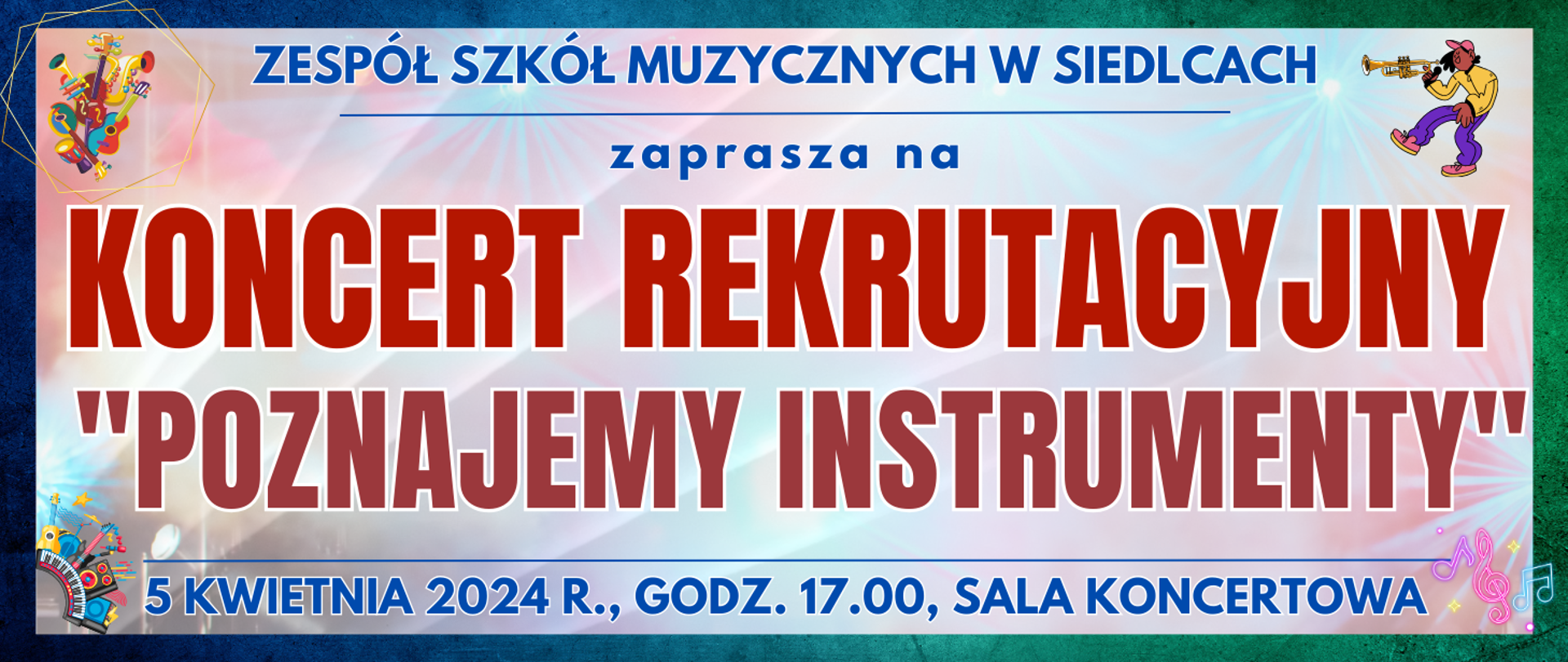 ciemna ramka, muzyczne elementy typu clipart oraz informacja o koncercie rekrutacyjnym