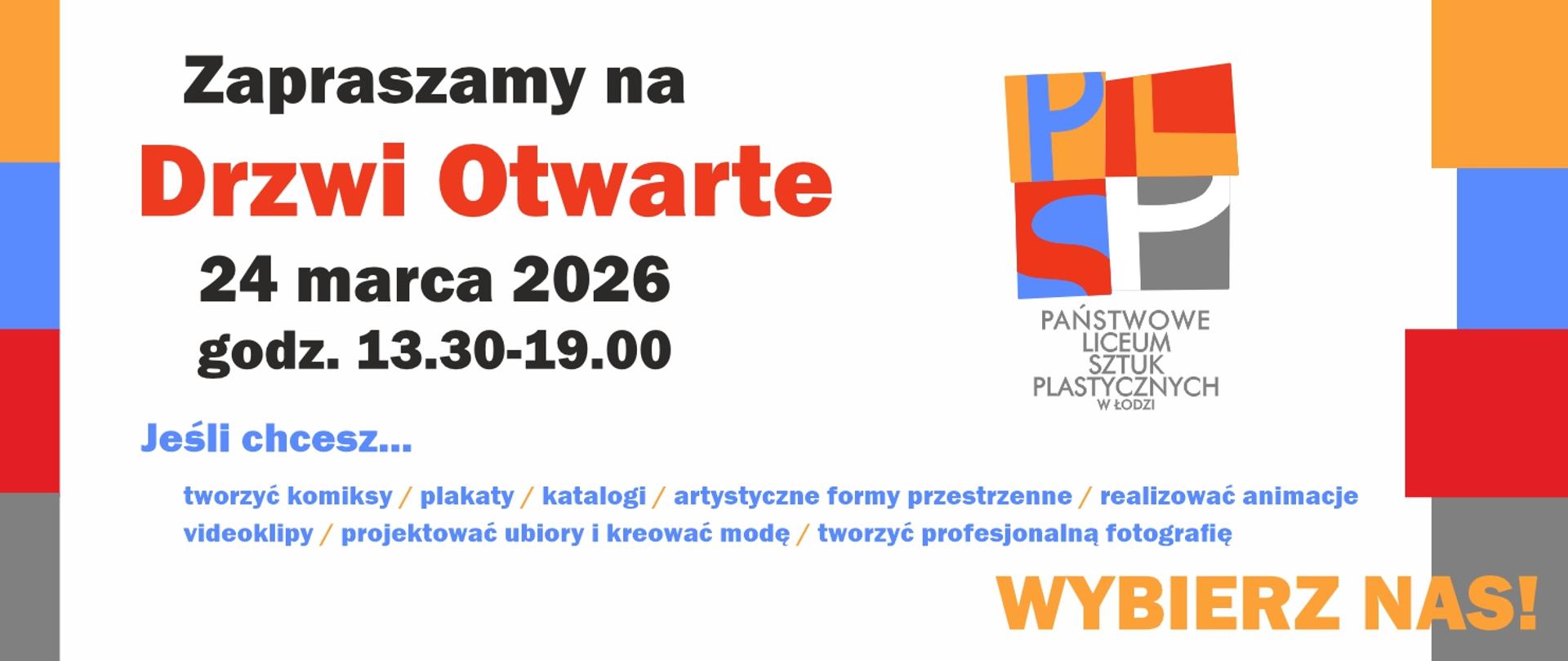 banner nt. Drzwi Otwartych w PLSP w Łodzi- informacja o dacie: 24 marca 2026 r, godz. 13.30-19:00