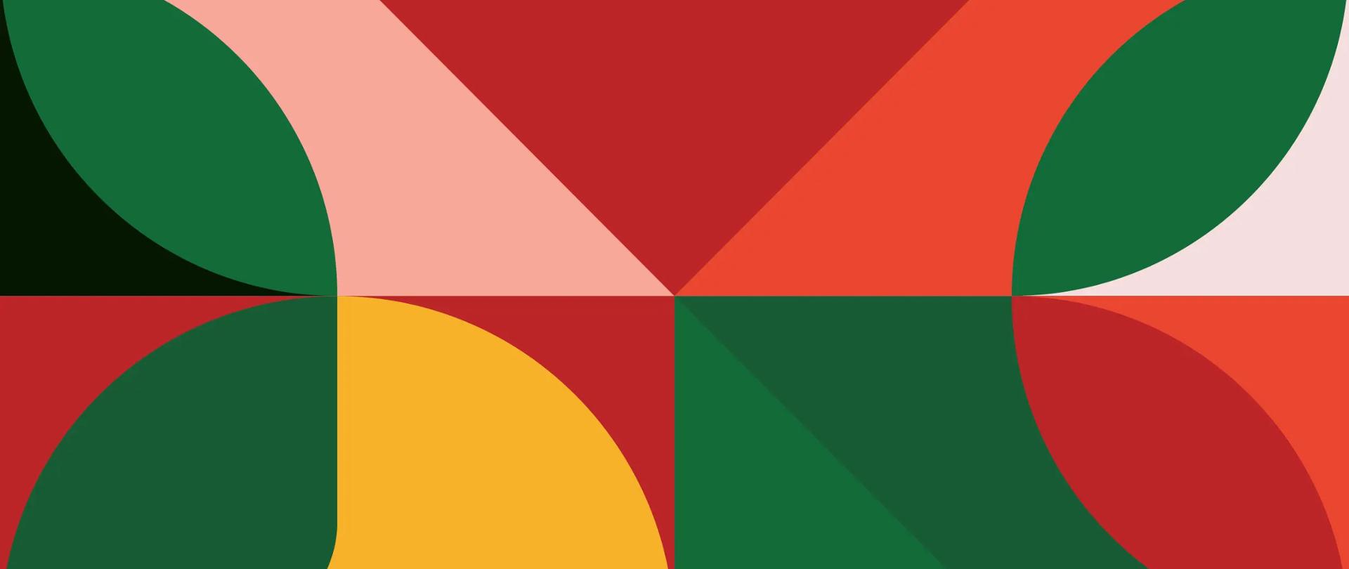 Grafika przedstawiająca geometryczne różnorodne kształty przywołujące podobieństwo do wzorów w kalejdoskopie. Głównymi kolorami kształtów są: czerwony, zielony i żółty.