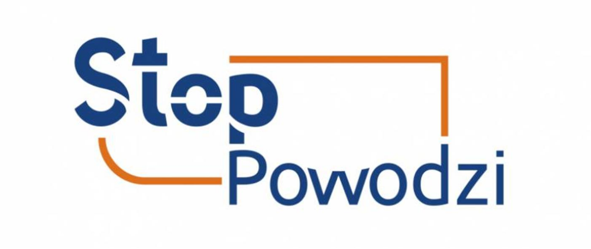 Logo kampanii Stop powodzi. Niebieski napis nałożony na pomarańczową ramkę na białym tle.