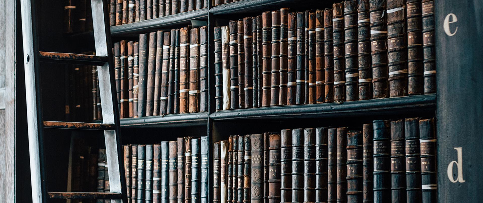 Zdjęcia przedstawiające bibliotekę. Na pierwszym planie drabina