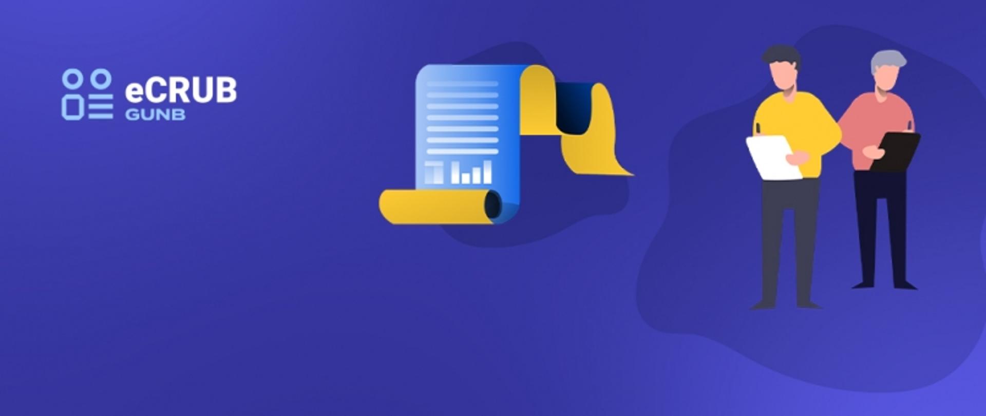 Grafika promująca system eCRUB GUNB. Po lewej stronie logotyp eCRUB, pośrodku ilustracja dokumentu, a po prawej dwie postaci trzymające tablety lub dokumenty — symboliczne przedstawienie składania wniosku o wpis do e-CRUB.