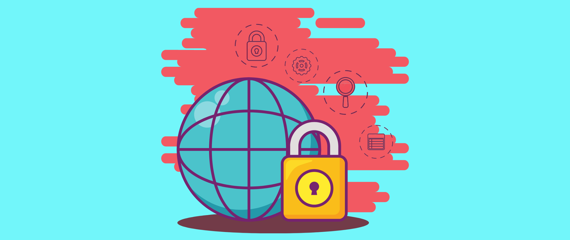 Grafika wektorowa na błękitnym tle. Na pierwszym planie kula symbolizująca internet, obok niej żółta kłódka, wokół symbole kojarzące się z danymi.