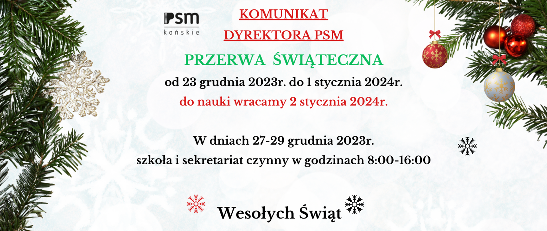 Baner informujący o przerwie świątecznej