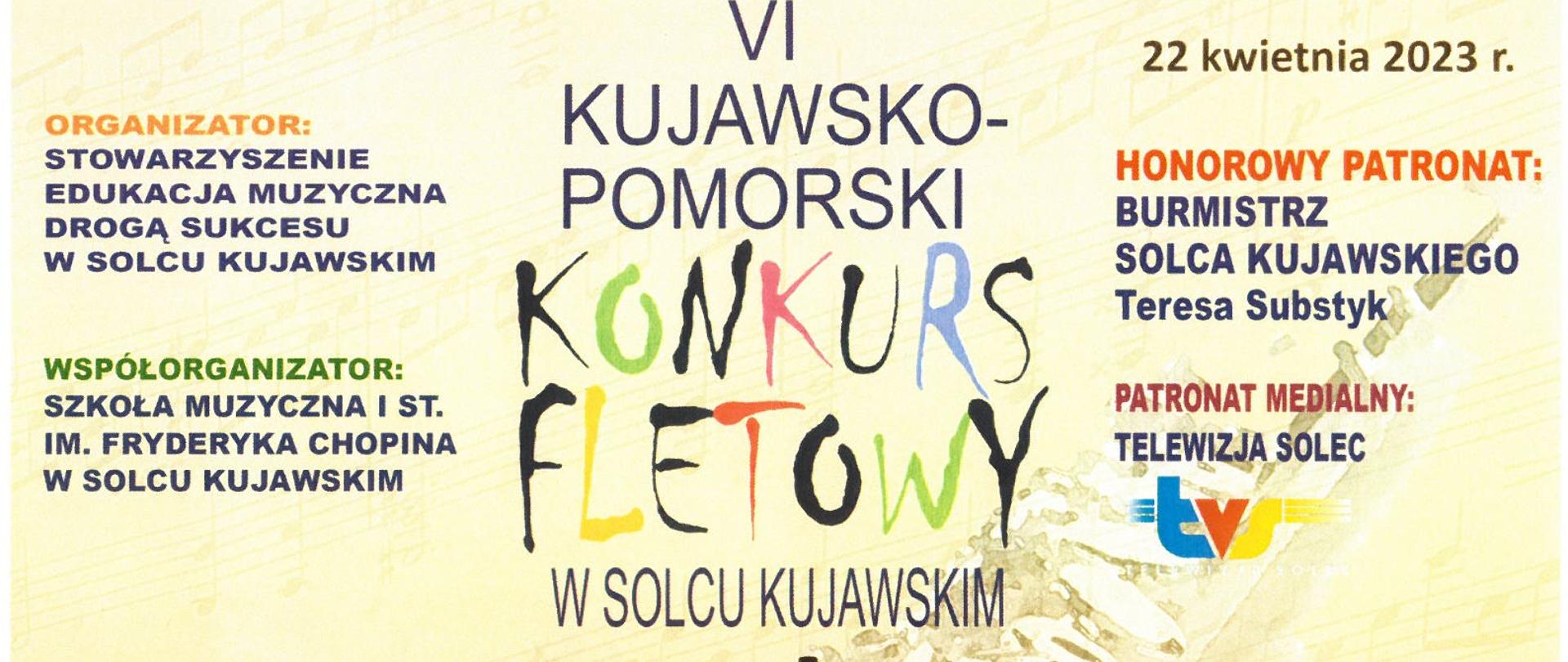 Na beżowym tle widać zdjęcie fletu oraz kolorowe napisy informujące o miejscu konkursu, kto jest organizatorem i kto objął patronat. Poniżej, na środku dyplomu widać imię i nazwisko uczestnika oraz lokatę, jaką otrzymał. Poniżej podpisy jury i loga spnsorów.
