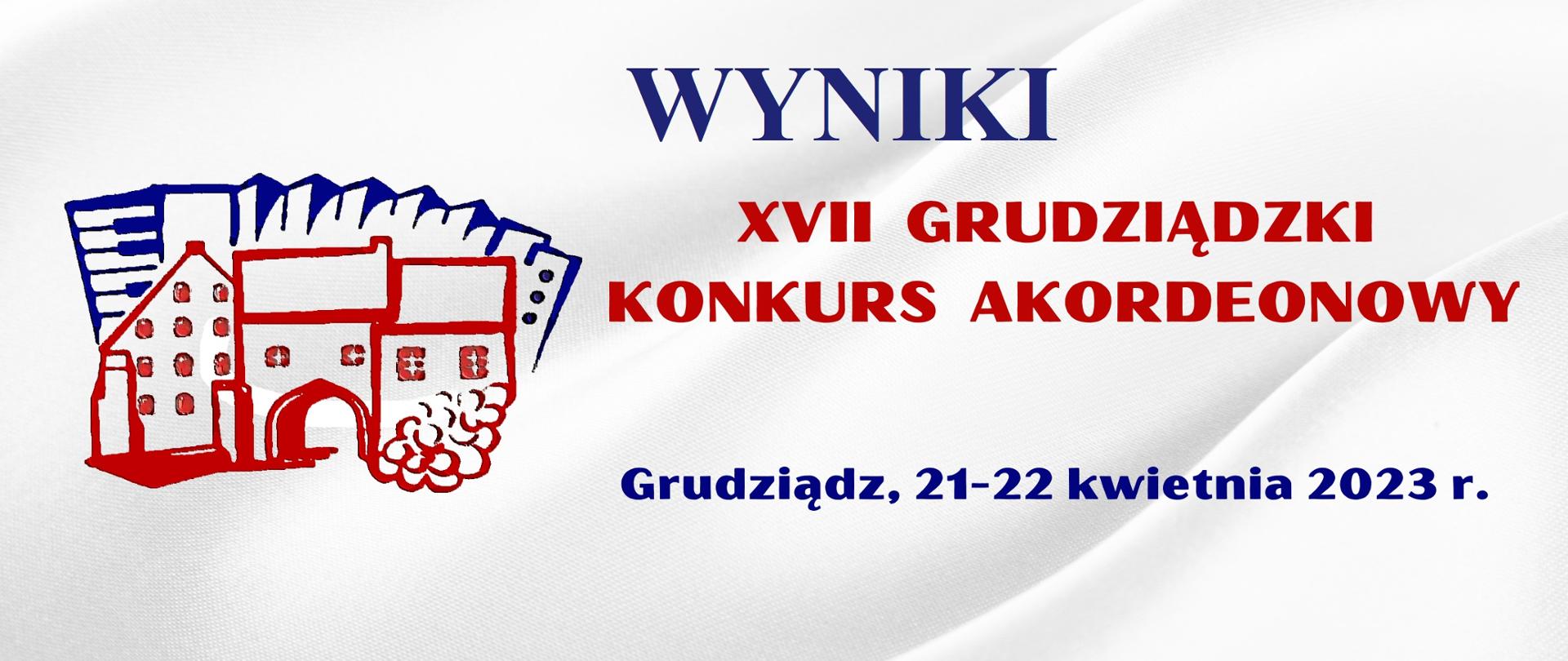 PLansza w kolorach czerwono niebieskich - napis WYNIKI XVII GRUDZIADZKI KONKURS AKORDEONOWY Grudziądz, 21-22 kwietnia 2023 r.. Po lewej logo konkursu - grudziądzka Brama Wodna opisana fragmentem akordeonu