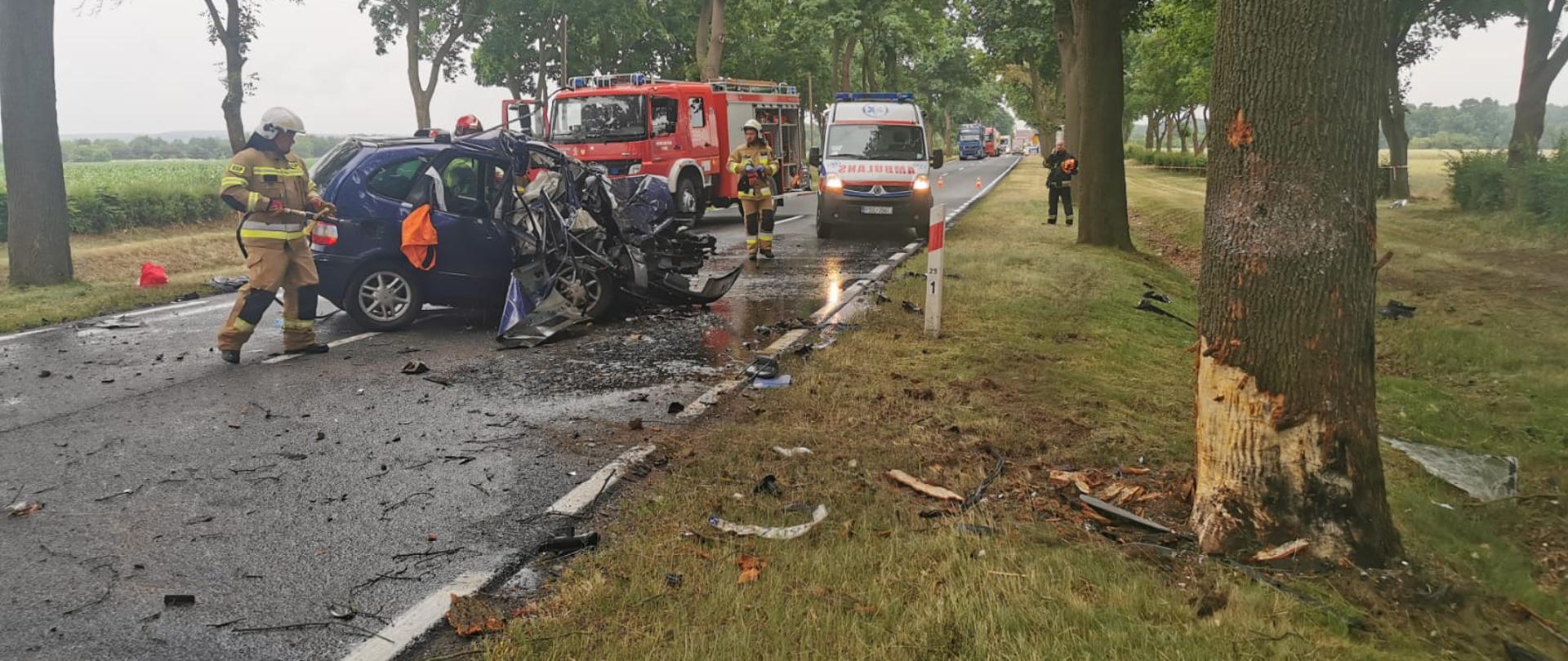 Stojący na jezdni rozbity niebieski samochód osobowy - widok z boku. W tle samochód pożarniczy, karetka pogotowia ratunkowego oraz dalej stojące za pachołkami w korku samochody. Pomiędzy samochodami widoczni umundurowani strażacy. Po prawej stronie pobocza uszkodzone drzewo (zdarta kora).