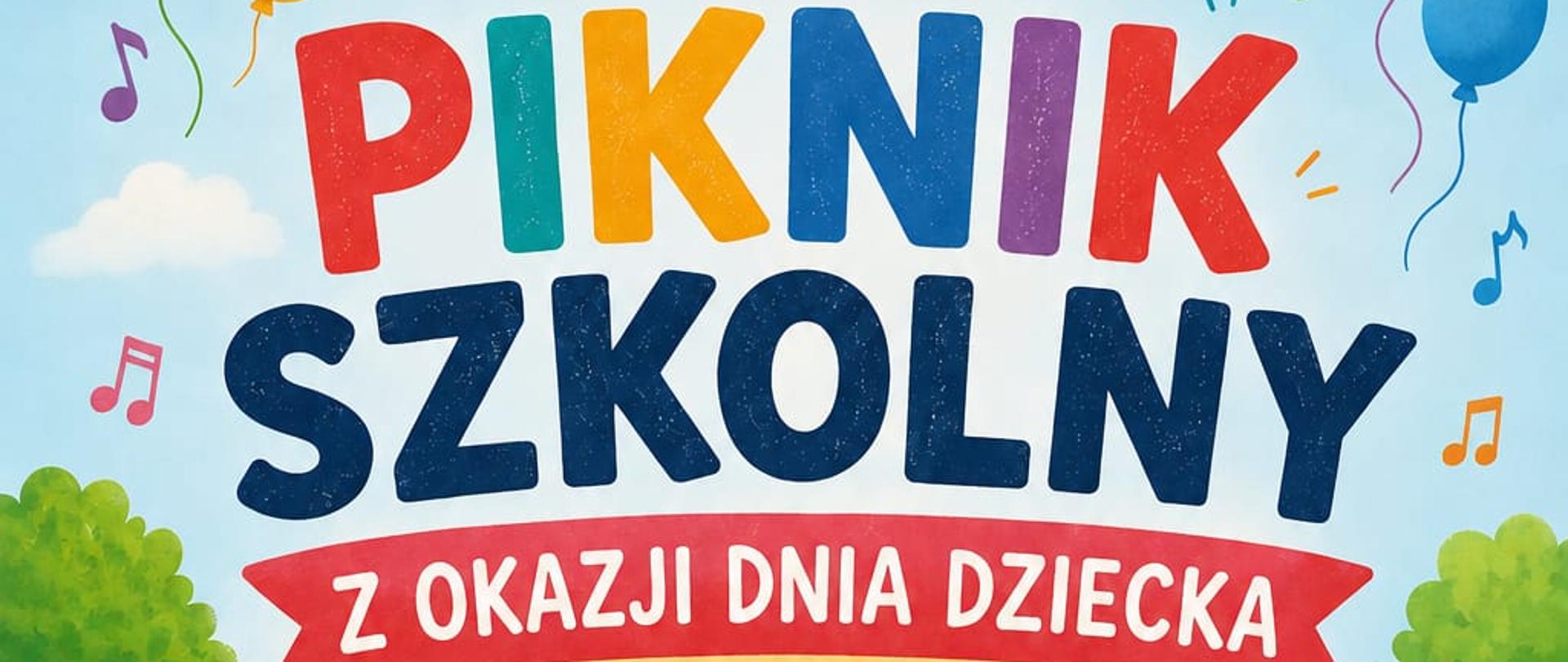 Plakat. Rysunek dzieci grających na instrumentach w parku. Od góry logo szkoły i napis "Piknik szkolny. Zokazji dnia dziecka 1 czerwca 2026r. w ogrodzie szkoły. 17:00-19:00. Zapraszamy wszystkich uczniów. Bedzie dobra zabawa."