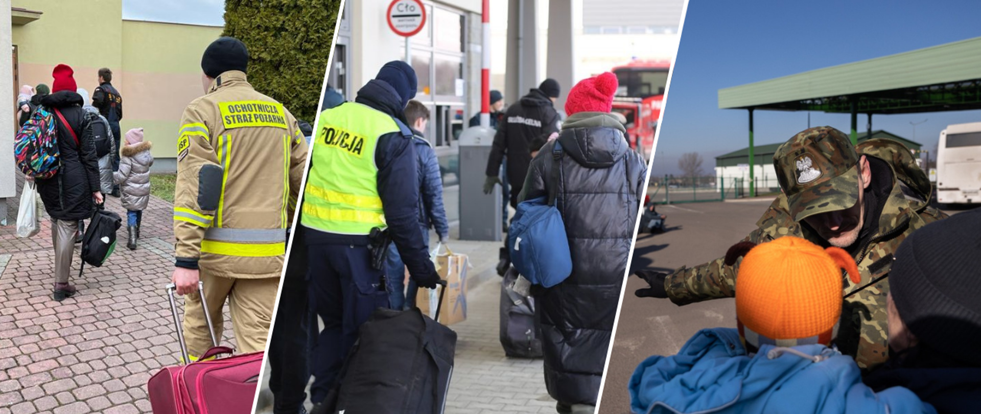 Kolaż - służby wspierające uchodźców z Ukrainy. 