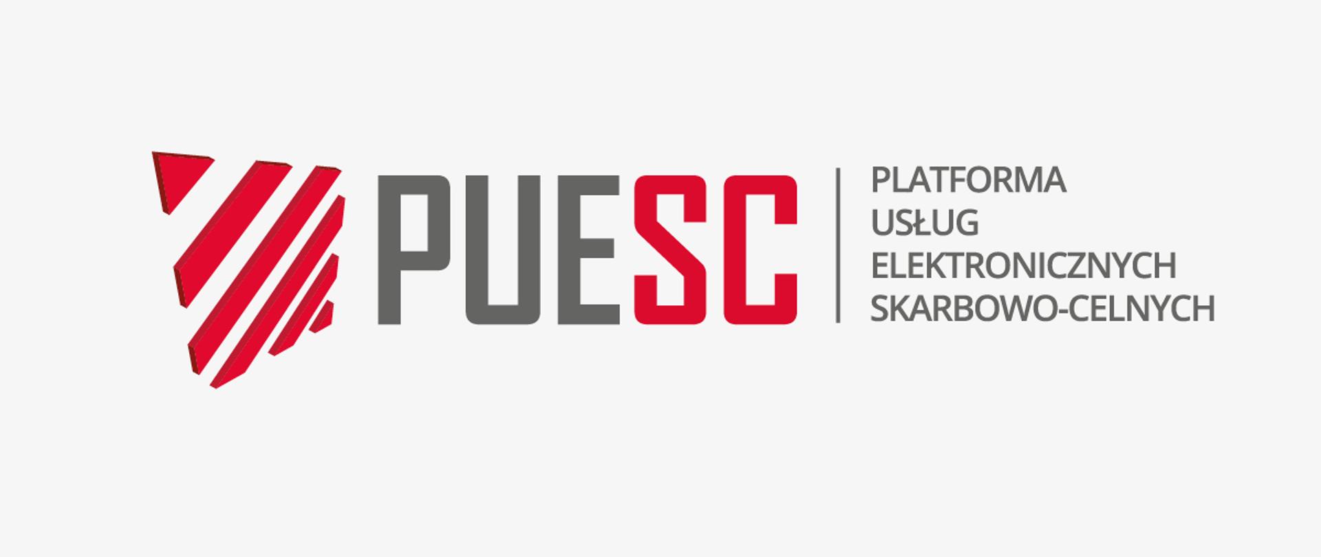Na białym tle czerwono-szary napis - PUESC Platforma usług elektronicznych skarbowo-celnych 