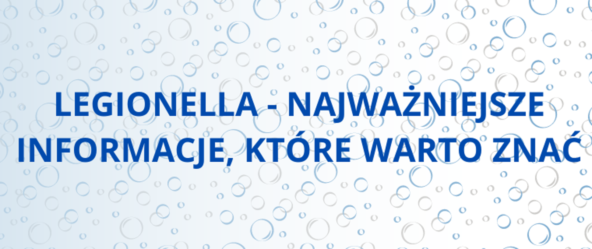 Napis: Legionella - Najważniejsze informacje, które warto znać. W tle krople wody.