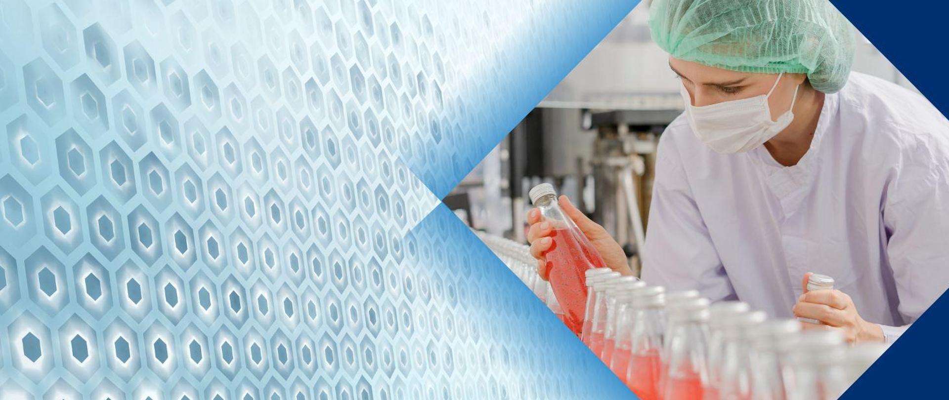 Grafika przestawia kobietę sprawdzającą jakość wyprodukowanej żywności.