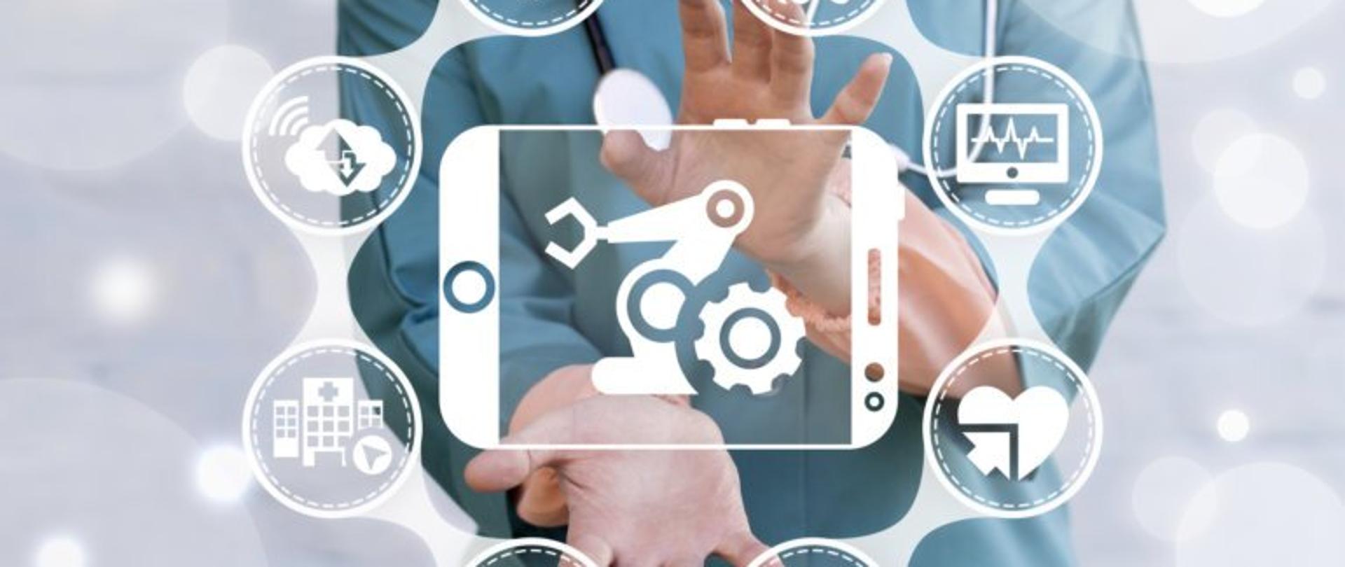 Grafika z postacią lekarza i symbolami nawiązującymi do medycyny