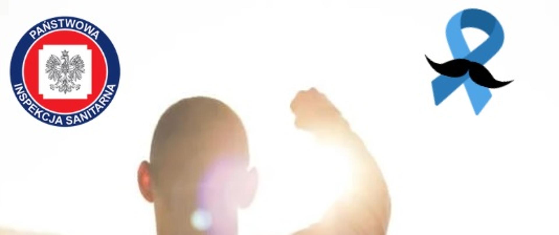 Grafika przedstawia mężczyznę odwróconego tyłem oraz niebieską wstążeczkę z wąsami.