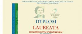 Na białym t5le po lewej stronie pas niebieskozielony na dole ozdobiony nutami. Od góry napis "Sekcja Fortepianu Państwowej Szkoły Muzycznej I i II stopnia im. F. Chopina w Olsztynie, poniżej zdjęcie Izy Garglinowicz i logo festiwalu, poniżej tekst: Dyplom laureata ze szczególnym wyróżnieniem w grupie II w XXIII Festiwalu Pianistycznym im. Izy Garglinowicz w Olsztynie otrzymuje Mikołaj Michniewicz Państwowa szkoła Muzyczna I st. im. Emila Młynarskiego w Augustowie, nauczyciel Anetta Pękala,poniżej podpisy jury, w stopce Olsztyn, 03 -05 marca 2023r.