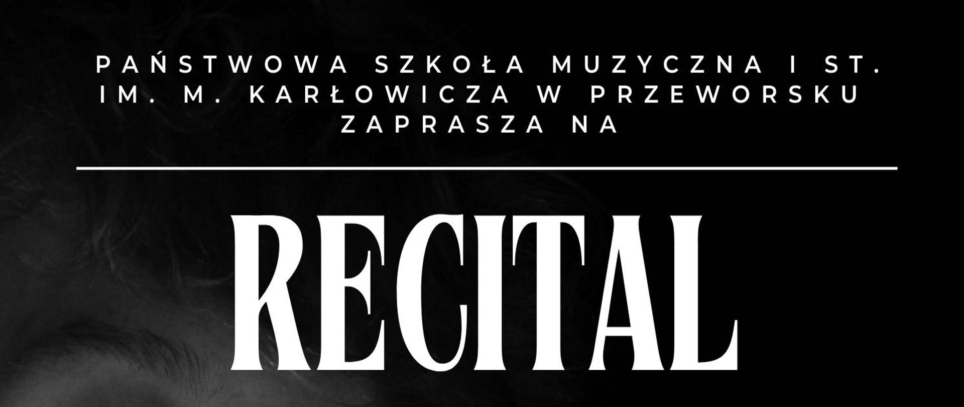 W tle twarz chłopca w odcieniach czerni i bieli. Na pierwszym planie informacja o recitalu gitarowym Bartosza Sowy odbywającego się 13 kwietnia 2023 w auli PSM I st. w Przeworsku