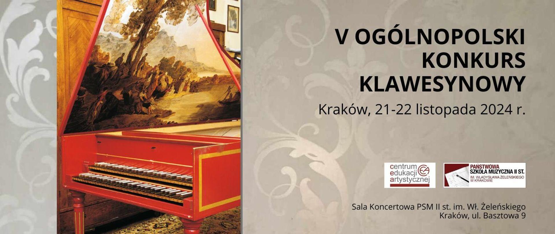 na beżowym tle w roślinne wzory po lewej strony zdjęcie przedstawiające czerwony klawesyn po prawej stronie tytuł, czas i miejsce odbywania się konkursu