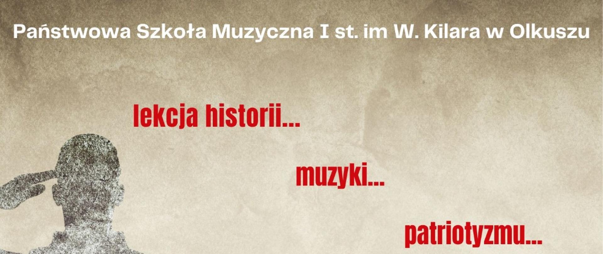 biało czerwone tło, z lewej strony stoi salutująca postać