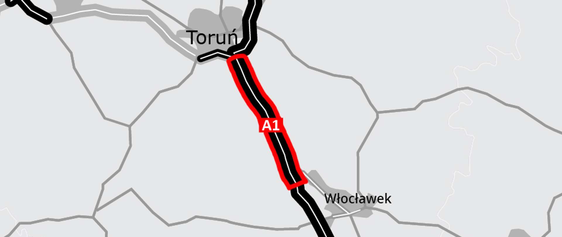 Wycinek mapy Polski pomiędzy Toruniem i Włocławkiem z zaznaczonym odcinkiem autostrady A1, który zostanie rozbudowany o dodatkowy pas ruchu.