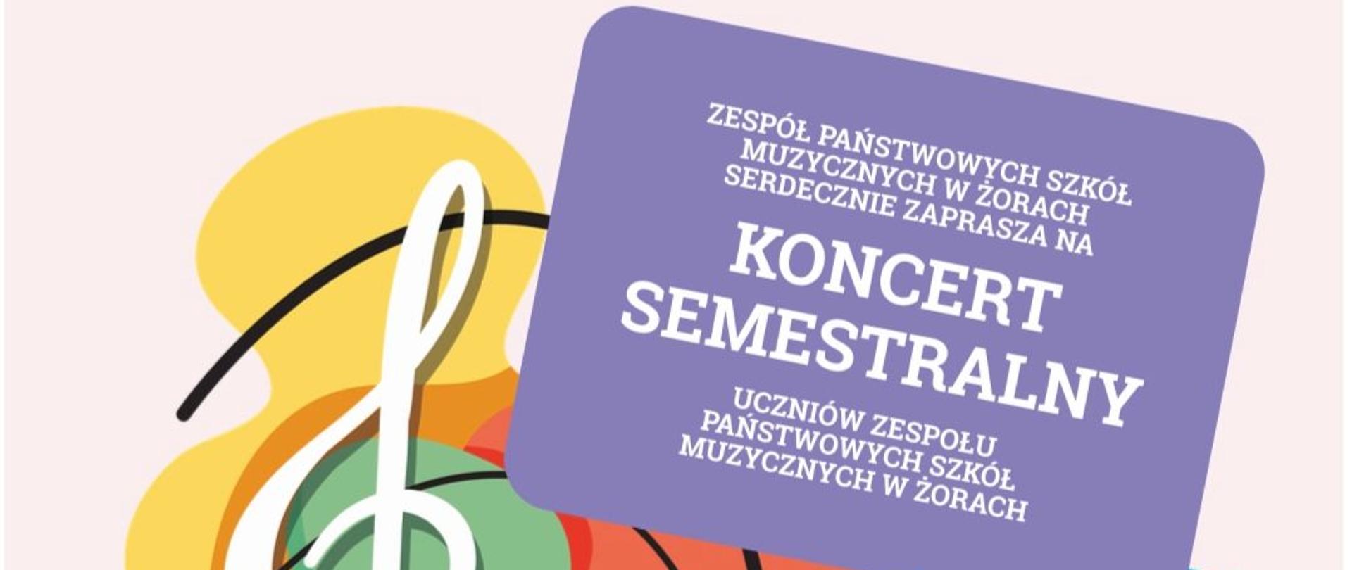 Na różowym tle kompozycja rozmytych pasteli oraz pięciolinii i nut w białym kolorze. Na froncie kolorowe kafelki z informacją o dacie, godzinie i miejscu koncertu.