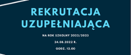 obraz przedstawia na granatowym tle napis rekrutacja uzupełniająca na rok szkolny 2020/2023, datę oraz godzinę. Na górze i na dole zdjęcia trzy przecinające się linie w kolorze żółtym, niebieskim i białym.