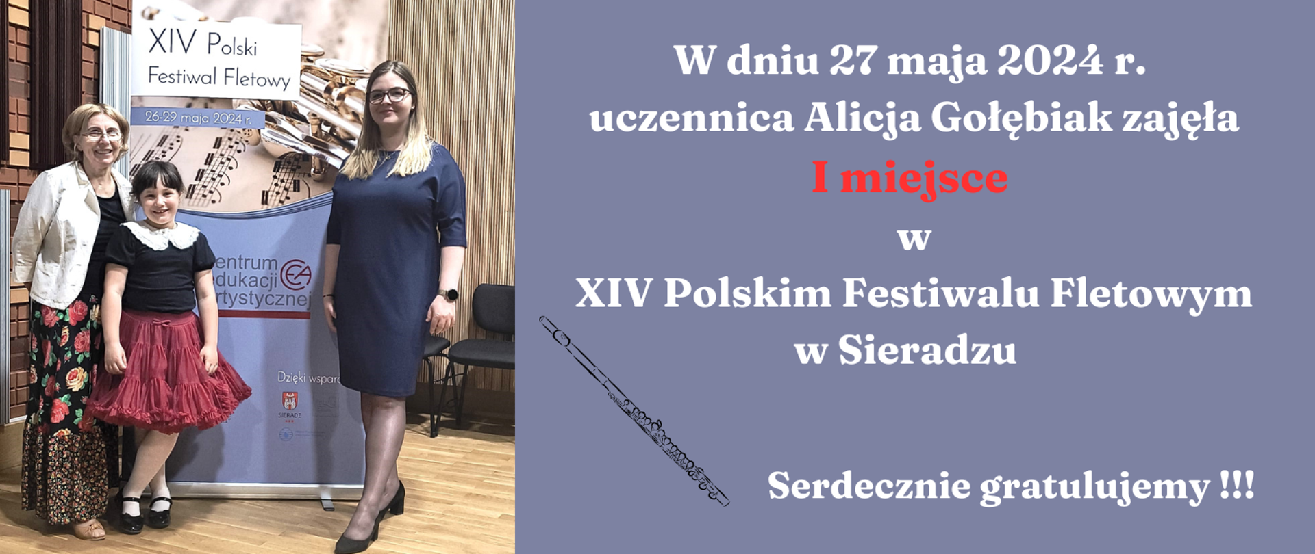 Zdjęcie przedstawia uczennice w kolorowej sukience, która brała udział w konkursie fletowym. Z lewej i prawej strony uczennicy stoją jej nauczyciele.