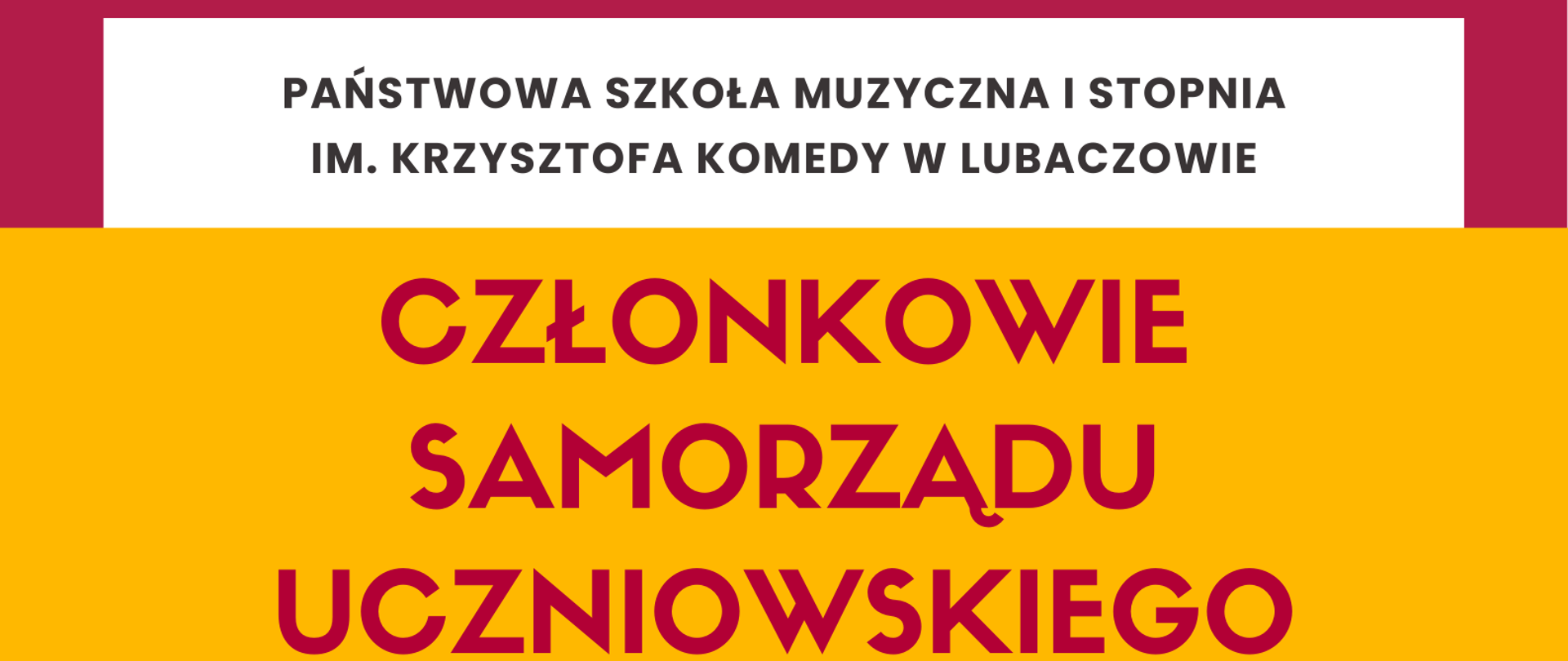 Plakat informacyjny Państwowej Szkoły Muzycznej I stopnia w Lubaczowie, prezentujący listę członków samorządu uczniowskiego na rok 2025/2026. Wymienione są następujące osoby: Gabriela Bojarska (przewodnicząca), Krzysztof Pachołek (zastępca przewodniczącej), Karol Ilczyszyn (sekretarz) oraz Estera Misztal (skarbnik). Poniżej tekstu znajduje się grafika przedstawiająca pięć postaci dzieci.