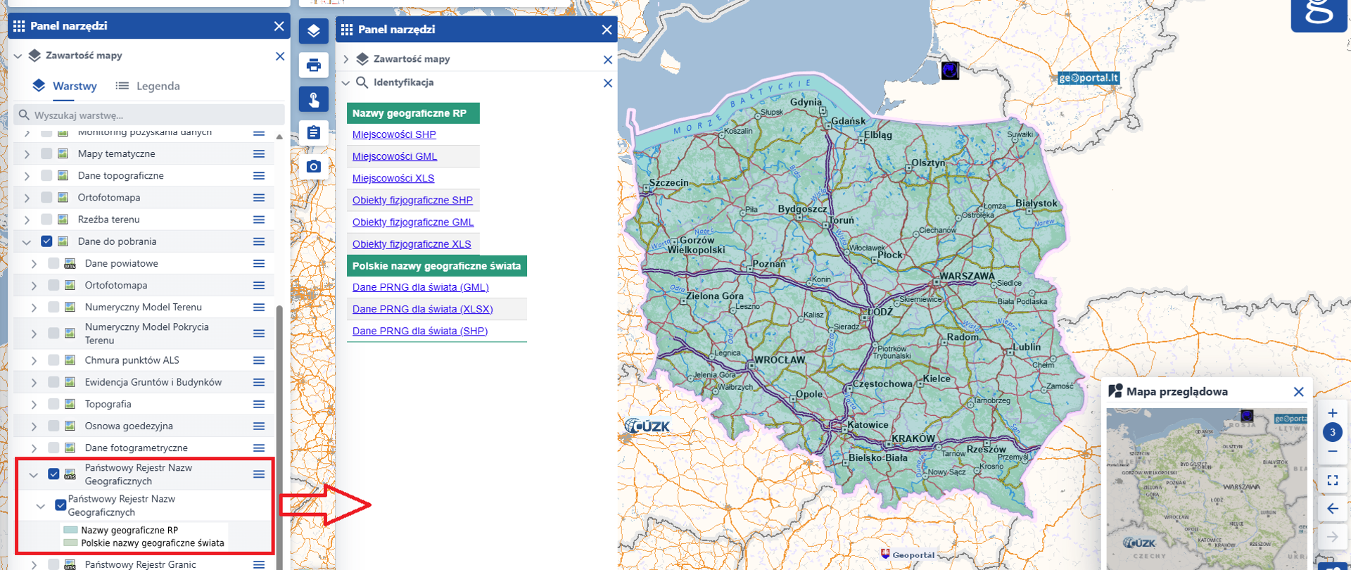 Ilustracja przedstawiająca zrzut ekranu z serwisu www.geoportal.gov.pl z uruchomioną usługą pobierania danych dotyczących nazw geograficznych RP poprzez skorowidze.