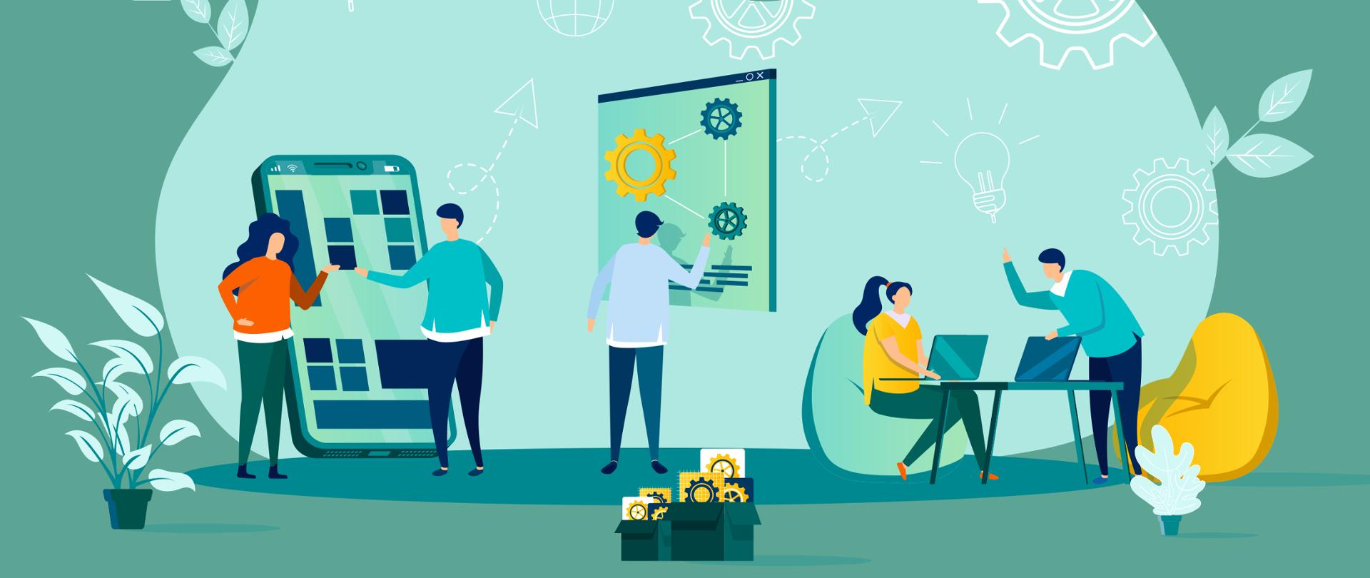 
Grafika w odcieniach koloru zielonego. Na obrazku widzimy ludzi, którzy konsultują ze sobą projekt. Dwójka siedzi przy biurku z laptopami. Dwójka stoi przy powiększonym smartfonie, a jeden człowiek pokazuje coś na tablicy.
