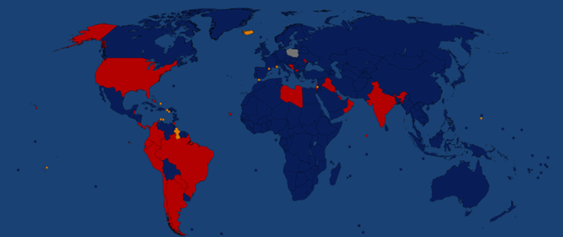 Mapa świata z zaznaczeniem krajów objętych zakazem.